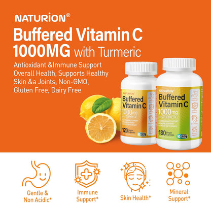 Buffered Vitamin C 1000 mg with Organic Turmeric - Supports Immune Function, Antioxidant, Healthy Skin & Joints - 180 Vegan Capsules