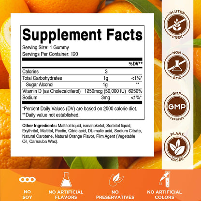 Vitamatic Sugar Free Vitamin D3 50,000 IU Weekly Supplement - 120 Pectin Based Gummies