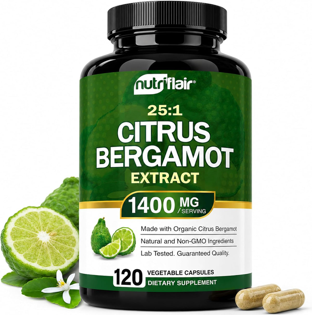 NutriFlair Organic Citrus Bergamot 1400mg - 25:1 Extract - Heart Health Supplement, 120 Vegan Capsules – Image 1