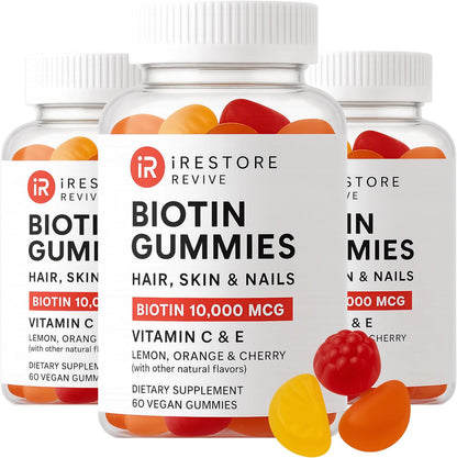 iRestore Biotin Gummies 10,000 mcg - Hair, Skin & Nails Supplement, 60 Vegan Gummies