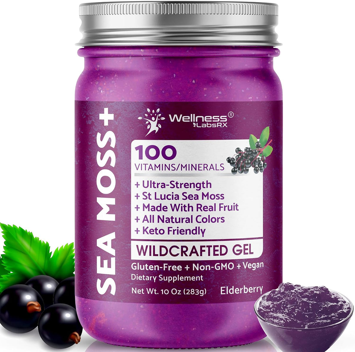 WELLNESS LABSRX Irish Sea Moss Gel Raw – Wildcrafted Seamoss Gel, Elderberry Flavour, Vitamin & Mineral-Rich, Immune & Digestive Health Support – 283 g (10 oz) - görsel 1