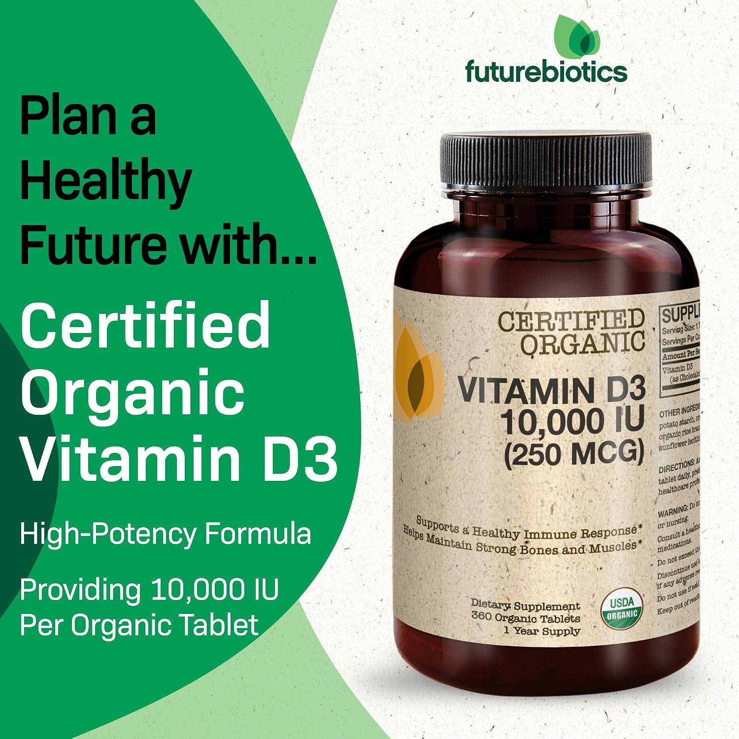 Futurebiotics Vitamin D3 10,000 IU (250 MCG) – 360 Organic Tablets - görsel 4