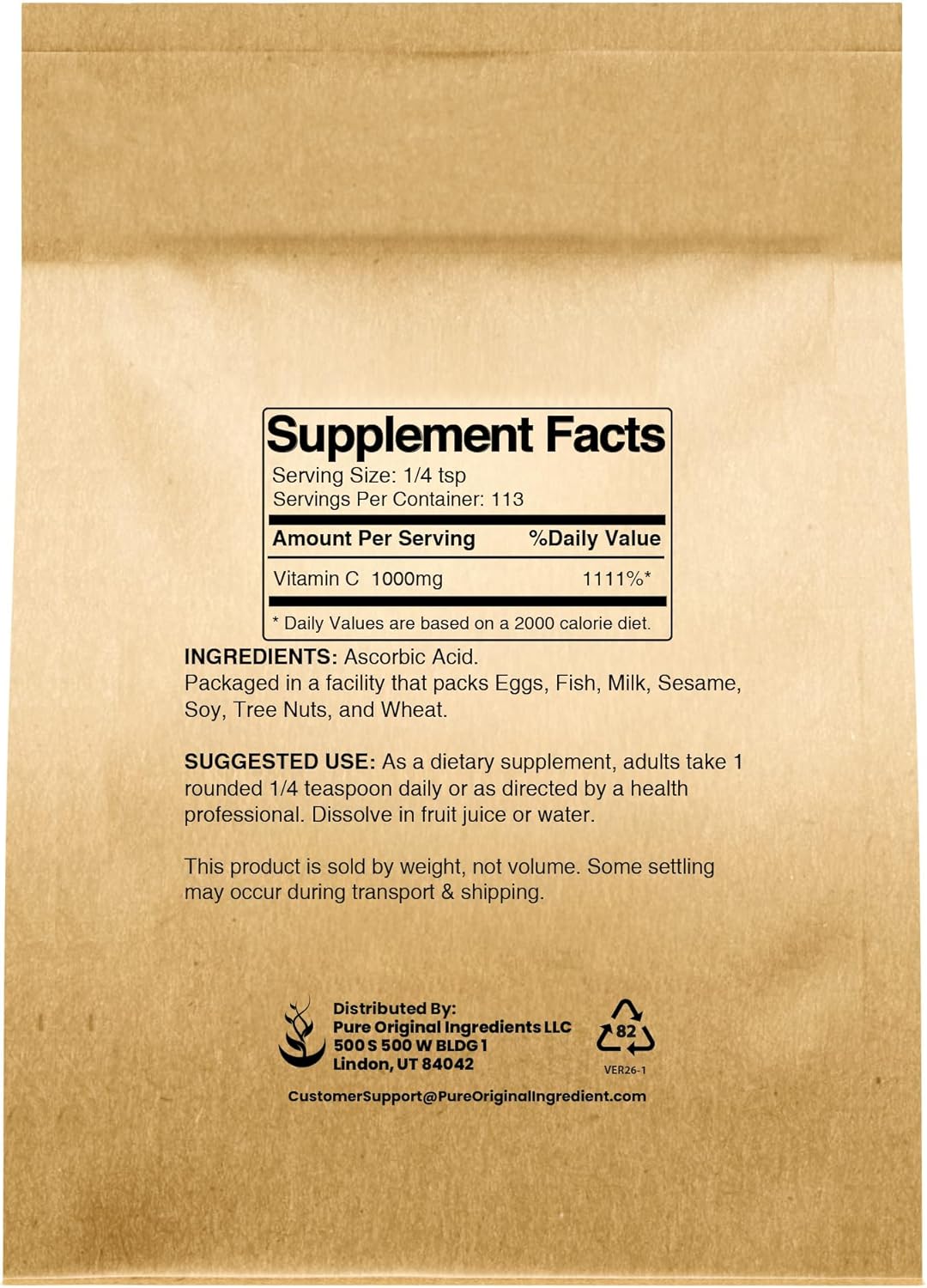 PURE ORIGINAL INGREDIENTS Vitamin C Powder (4 oz) Ascorbic Acid, Non-GMO, Dietary Supplement - görsel 2