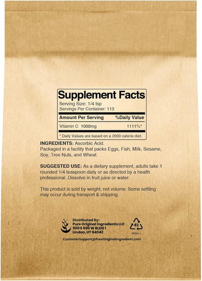 PURE ORIGINAL INGREDIENTS Vitamin C Powder (4 oz) Ascorbic Acid, Non-GMO, Dietary Supplement