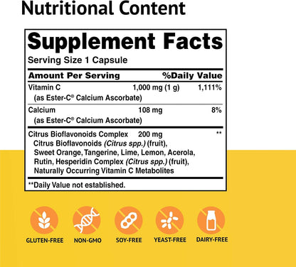 Ester-C American Health with Citrus Bioflavonoids Capsules – Daily Immune Support, Gentle on the Stomach, Non-Acidic Vitamin C – Non-GMO, Gluten-Free – 1000 mg, 90 Capsules