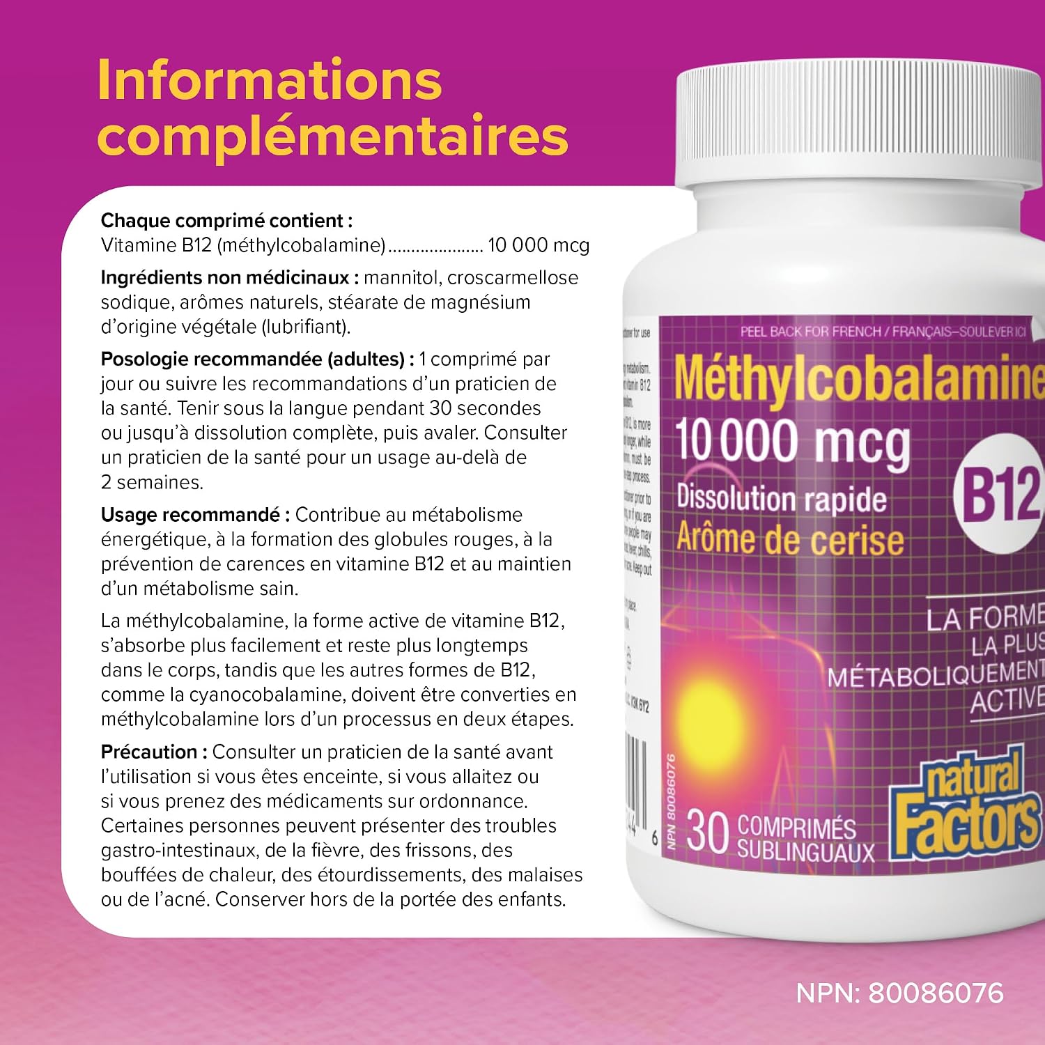 Natural Factors Methylcobalamin 10,000 mcg - Vitamin B12 Supplement - Metabolically Active Form - 30 Chewable Tablets - görsel 7
