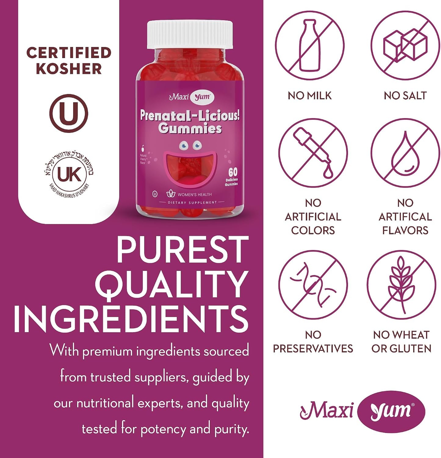 Maxi Health Women's Organic Prenatal Gummies – Kosher Cherry Flavoured with Folic Acid and Iron, 60 Count - görsel 6