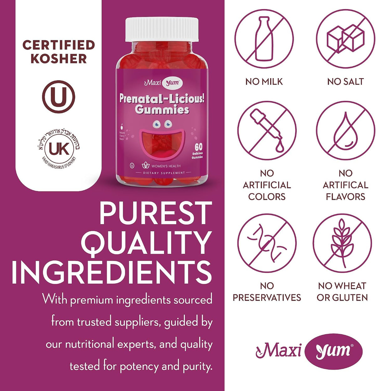 Maxi Health Women's Organic Prenatal Gummies – Kosher Cherry Flavoured with Folic Acid and Iron, 60 Count - görsel 6
