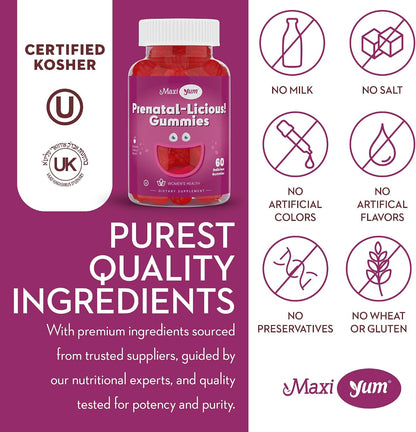 Maxi Health Women's Organic Prenatal Gummies – Kosher Cherry Flavoured with Folic Acid and Iron, 60 Count