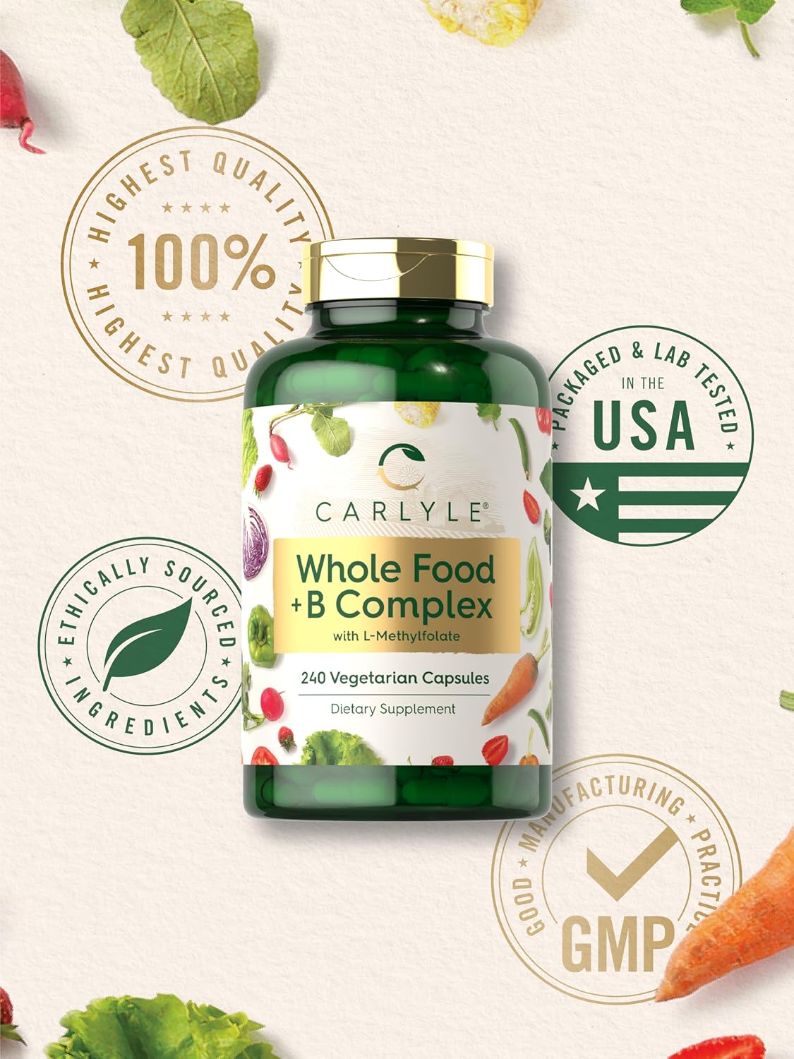 Carlyle Vitamin B Complex Whole Foods Blend | 240 Capsules | with B1, B2, B6, B12, Biotin, Niacin, and Methylfolate | Vegetarian, Non-GMO & Gluten-free Supplement - görsel 6