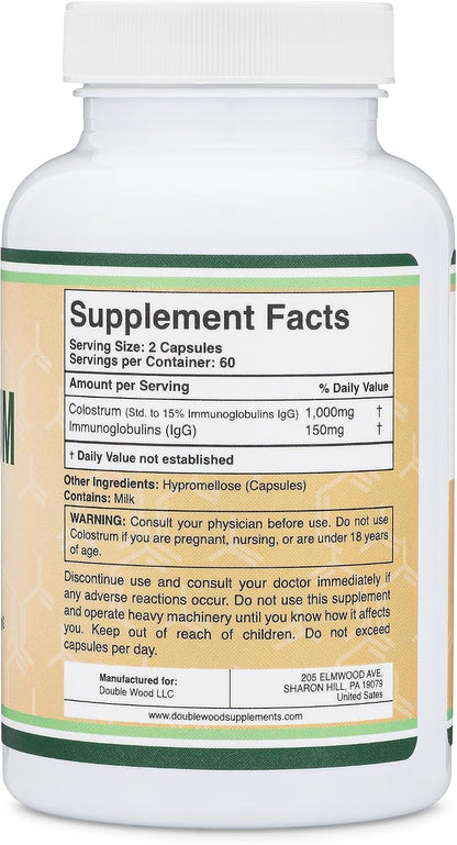 Double Wood Bovine Colostrum Supplement – 1,000 mg per Serving, 15% IgG, 120 Capsules