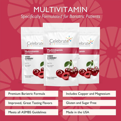 Celebrate Vitamins Bariatric Multivitamin Soft Chews – Essential Vitamins & Minerals, Sugar & Gluten-free – Gastric Bypass & Sleeve Gastrectomy Supplement – Cherry (180ct)