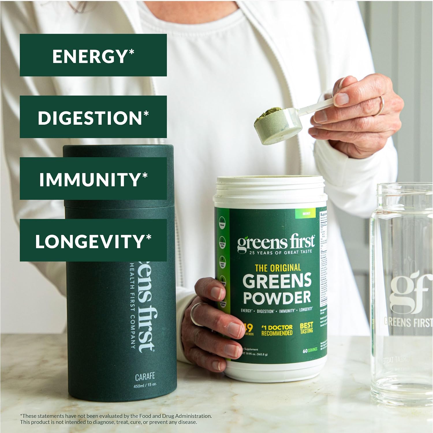 Greens First 25th Anniversary Gift Set – Organic Mint Greens Powder & Borosilicate Glass Carafe (30 Servings) - görsel 2