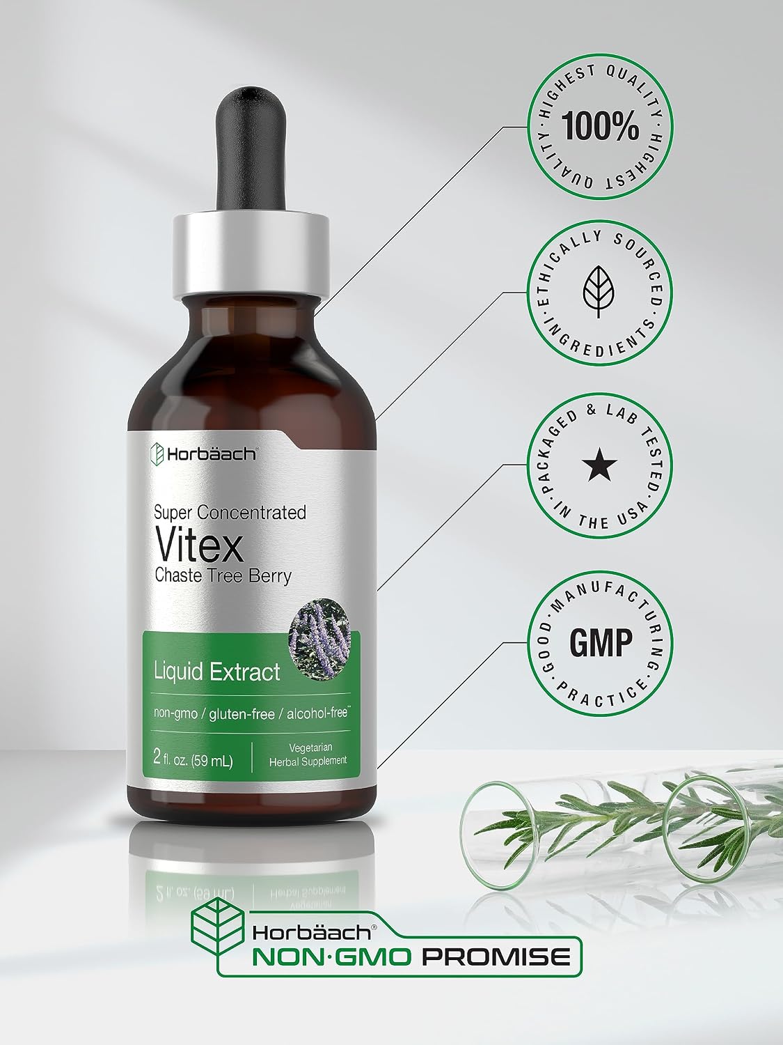 Horbäach Vitex Berry Chasteberry Extract Tincture | 2 fl oz | Super Concentrated Liquid | Alcohol Free Chaste Tree Berry Supplement | Vegetarian, Non-GMO, Gluten-free - görsel 6