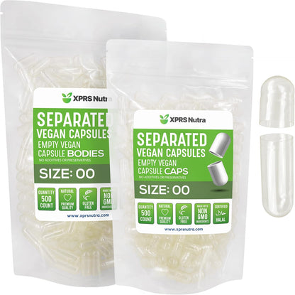 XPRS Nutra Vegan Size 00 Pre-Separated Capsules - 1000 Count Premium Empty Capsules in Bags