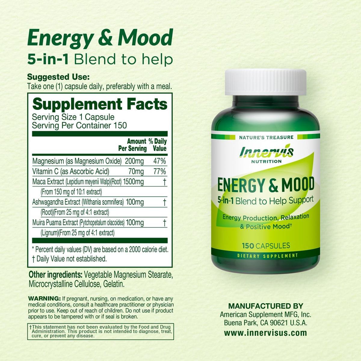Energy & Mood Supplement – Boost Energy & Reduce Tiredness, Support Relaxation – 150 Capsules – Non-GMO, Third-party Tested – Innervis Nutrition - görsel 9