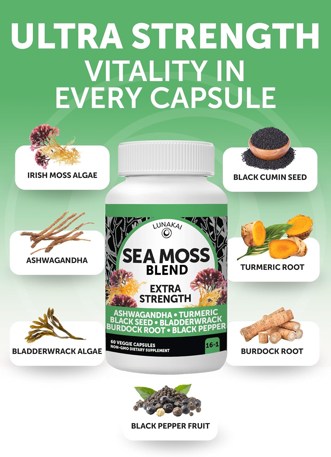 Lunakai Irish Sea Moss Capsules with Black Seed Oil, Ashwagandha, Burdock Root & Bladderwrack (60ct) - görsel 3