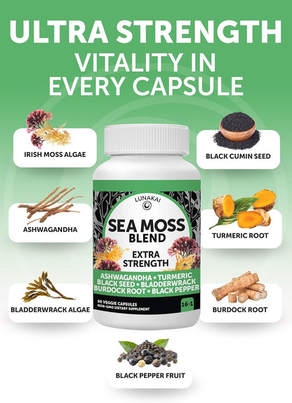 Lunakai Irish Sea Moss Capsules with Black Seed Oil, Ashwagandha, Burdock Root & Bladderwrack (60ct)