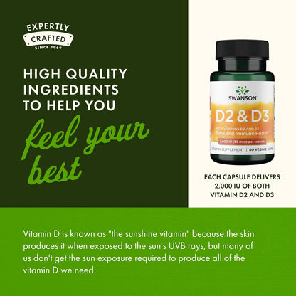 Swanson D2 & D3-2,000 IU - Bone Health & Immune Support Supplement - 60 Vegetable Capsules
