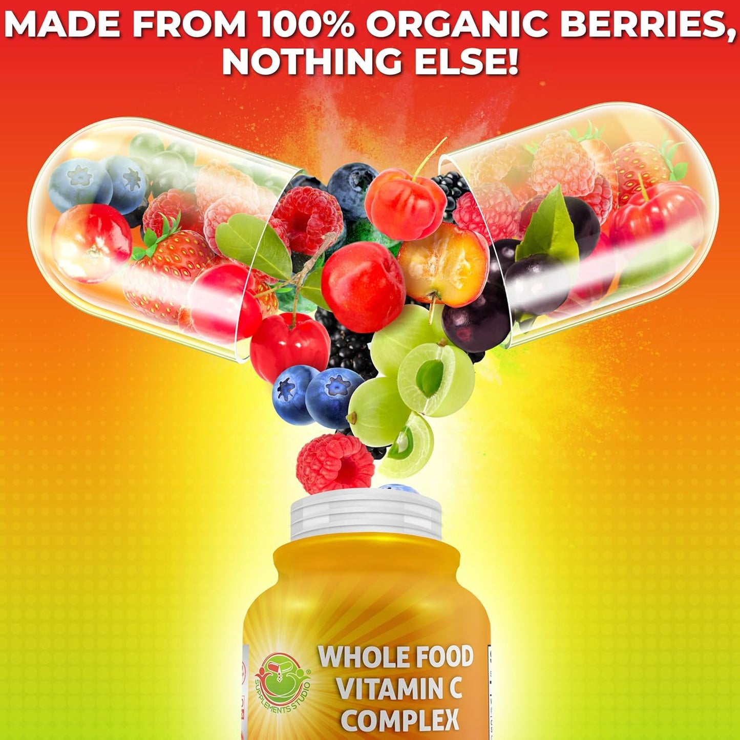 Whole Food Vitamin C Complex - 1450mg Organic Berries, 675mg Vitamin C, High-Potency Antioxidant & Immune Support with Acerola, Amla and Natural Bioflavonoids - Vegan, Non-GMO, 120 Count - görsel 2