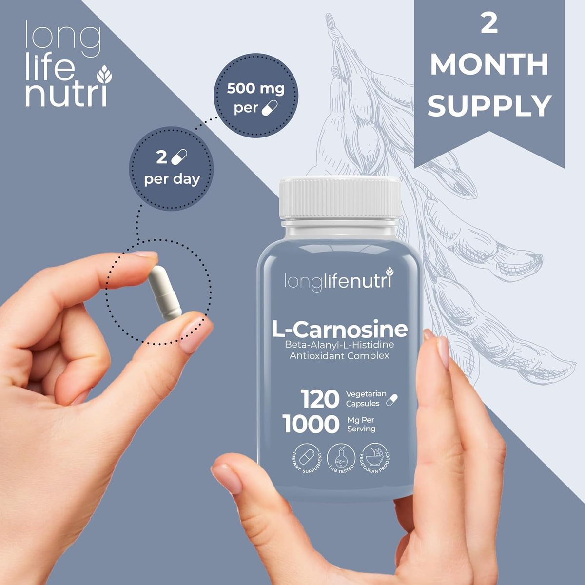 LongLifeNutri L-Carnosine 1000mg - Beta-Alanyl-L-Histidine Supplement for Cellular Energy & Brain Clarity, 120 Vegan Capsules - görsel 5