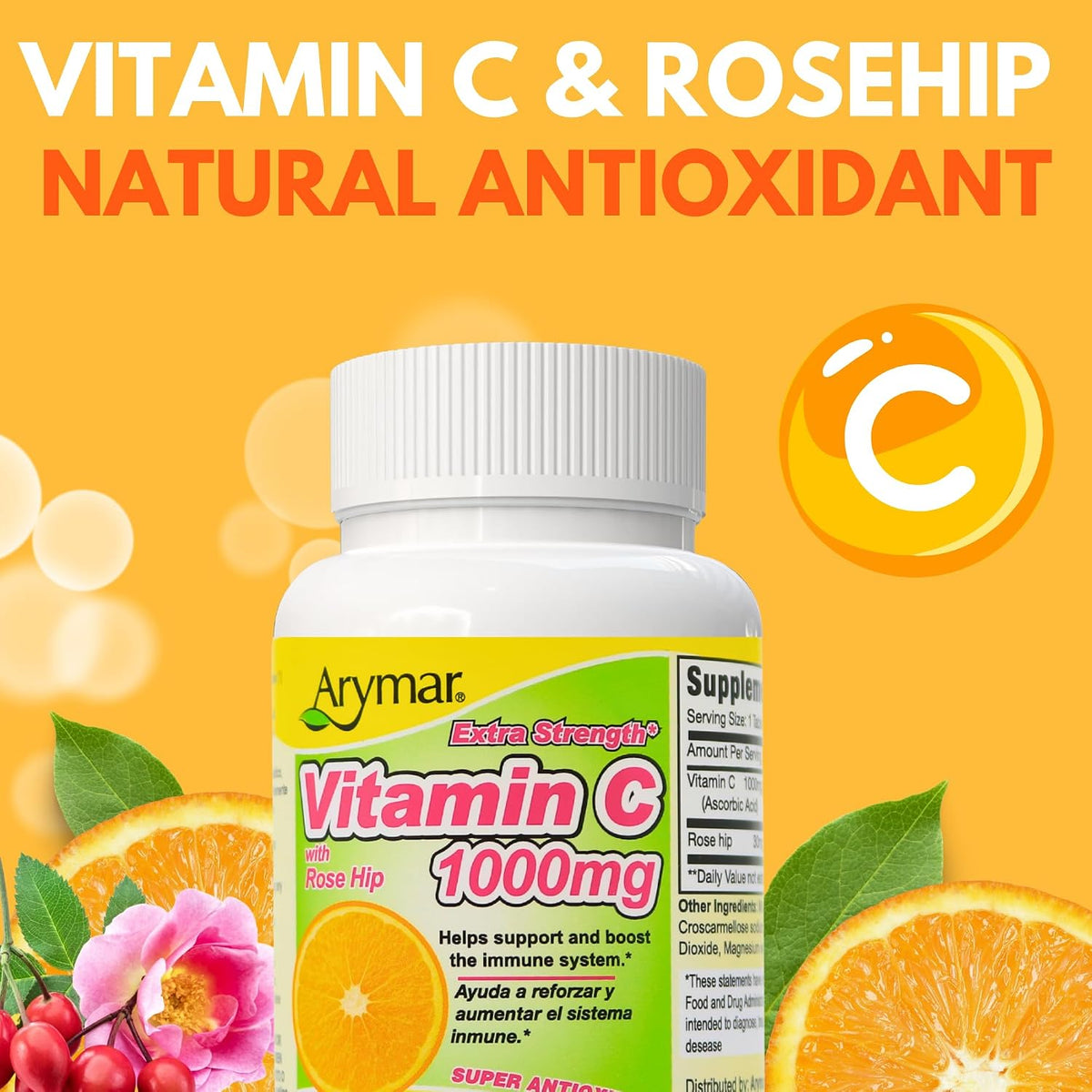 Arymar Vitamin C 1000 mg with Rosehip Extract 30 mg - High Strength Vitamin Supplement - 60 Tablets - görsel 2