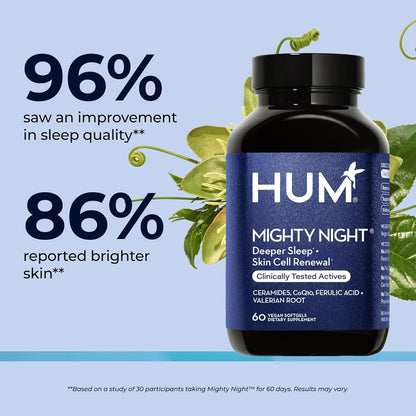 HUM Mighty Night Night-time Sleep Supplement for Skin care, CoQ10, Valerian Root & Ferulic Acid, 60 Vegan Softgels