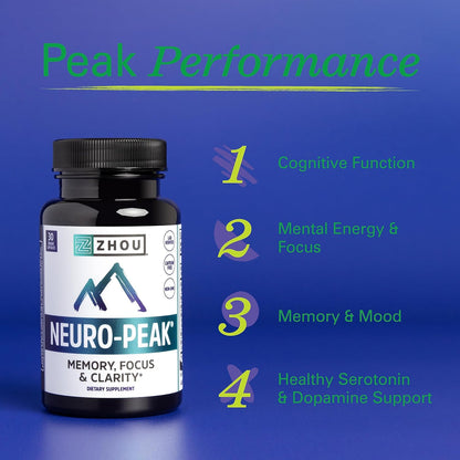 Zhou Neuro-Peak - Brain Support Supplement for Memory and Concentration, Nootropic for Men & Women, 30 Vegetarian Capsules