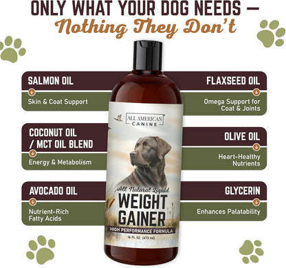 All American Canine Dog Weight Gainer Liquid – High Calorie Dog Food Supplement for Rapid Weight Gain, Mass, and Recovery – Appetite Stimulant (473 ml)