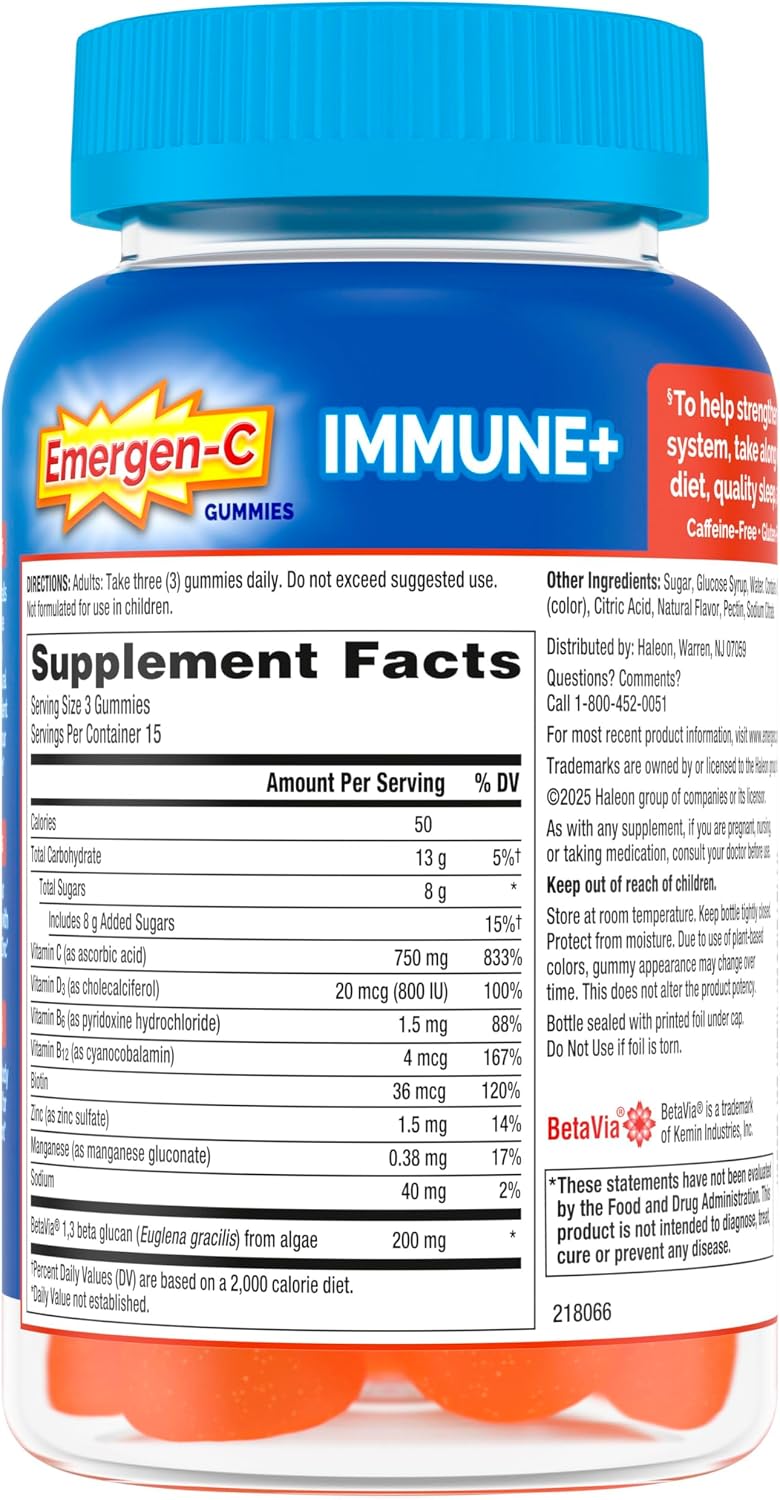 Emergen-C Immune+ Triple Action Immune Support Gummies with BetaVia, 750mg Vitamin C, B Vitamins, Vitamin D and Antioxidants, Super Orange Flavour - 45 Count - görsel 10