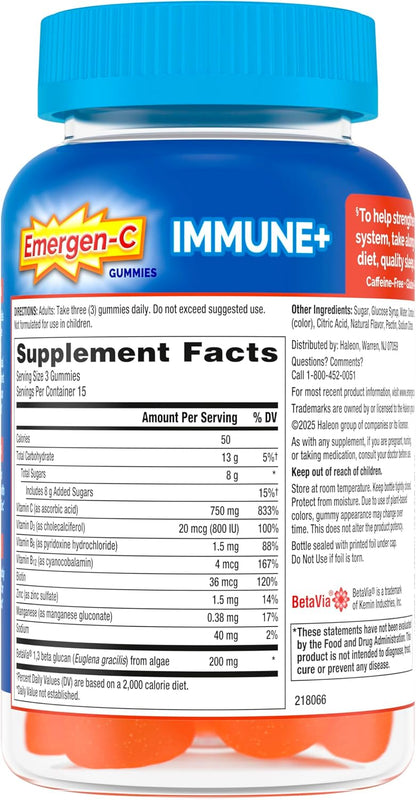 Emergen-C Immune+ Triple Action Immune Support Gummies with BetaVia, 750mg Vitamin C, B Vitamins, Vitamin D and Antioxidants, Super Orange Flavour - 45 Count