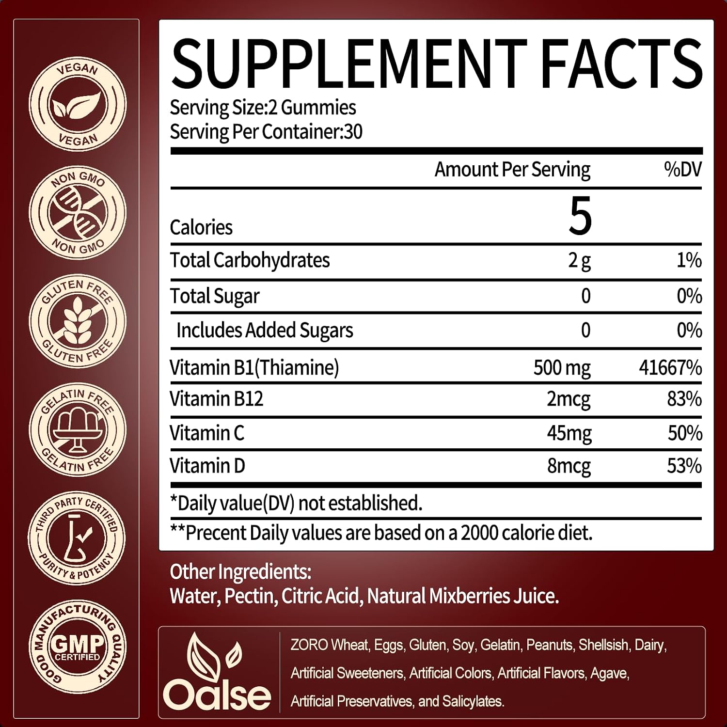 OALSE Thiamine Vitamin B1 Gummies - 500mg Vegan Sugar Free Supplement with Natural Mixed Berries Flavour (60 Counts) - görsel 9