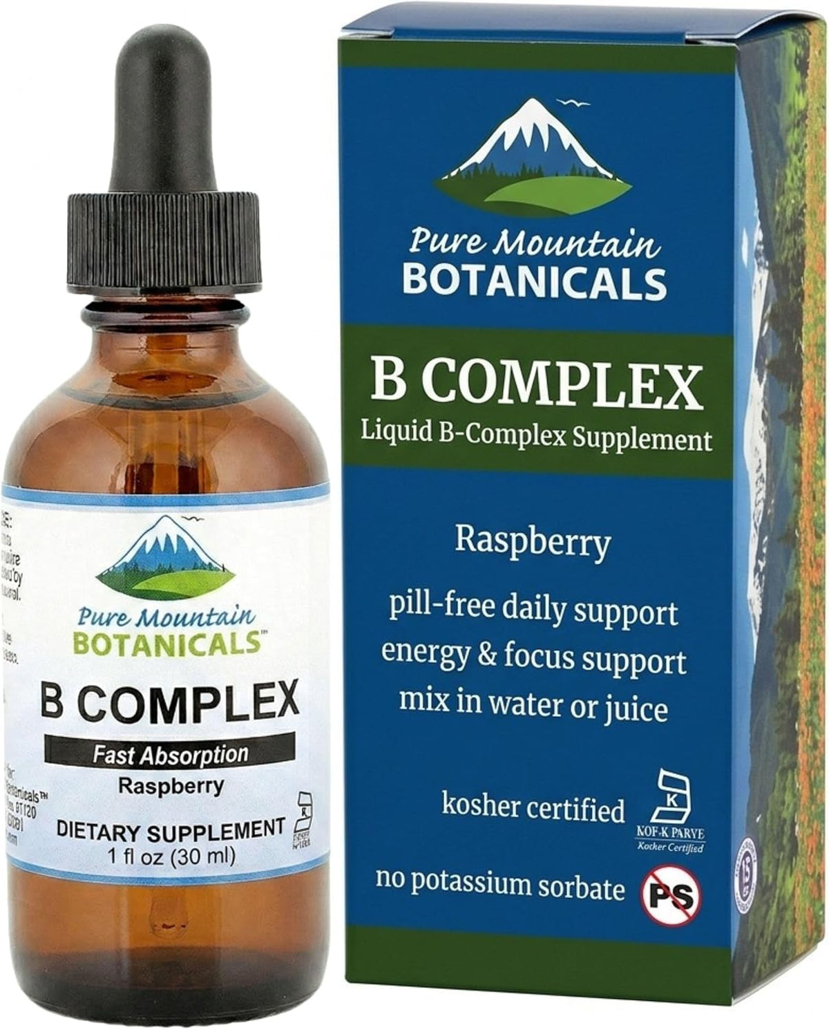 Pure Mountain Botanicals Liquid Vitamin B Complex - B12 B6 Drops - Raspberry Flavour - Kosher Non-GMO - 30 Servings - görsel 1