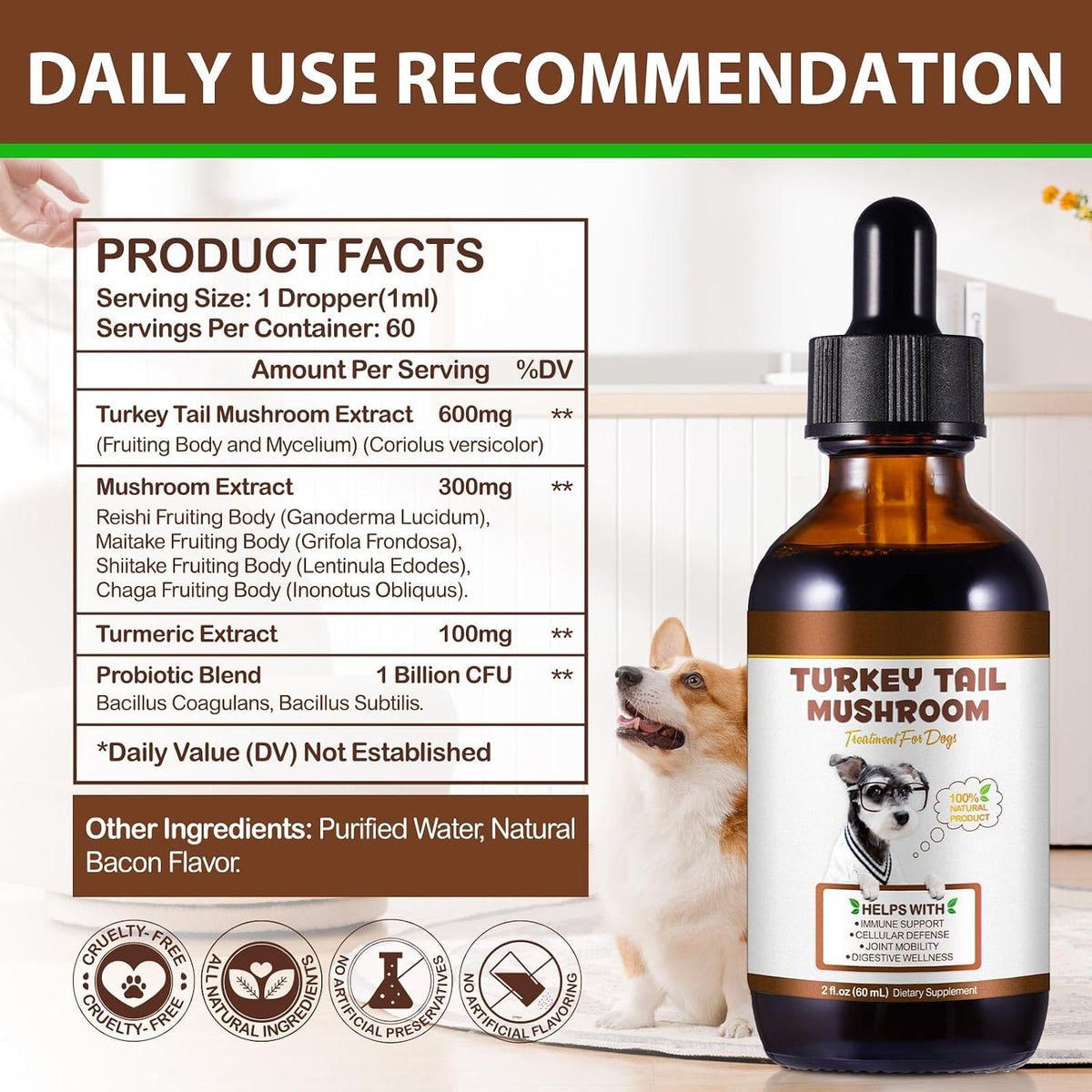 Turkey Tail Mushroom for Dogs – Fast-Absorbing Liquid Drops for Immune, Digestive and Joint Support with Turmeric & Probiotic (60ml) - görsel 5