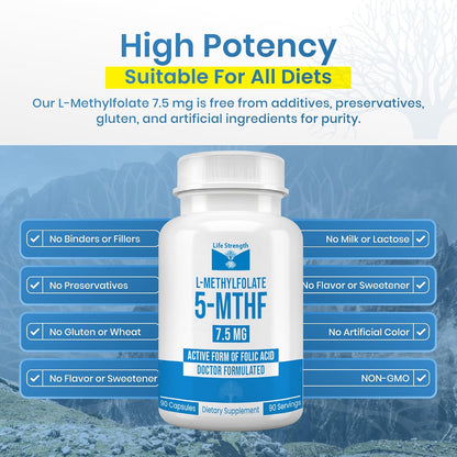 LifeStrength L-Methylfolate 7.5mg – 90 Capsules, Optimised & Highly Bioactive Methyl Folate Supplement