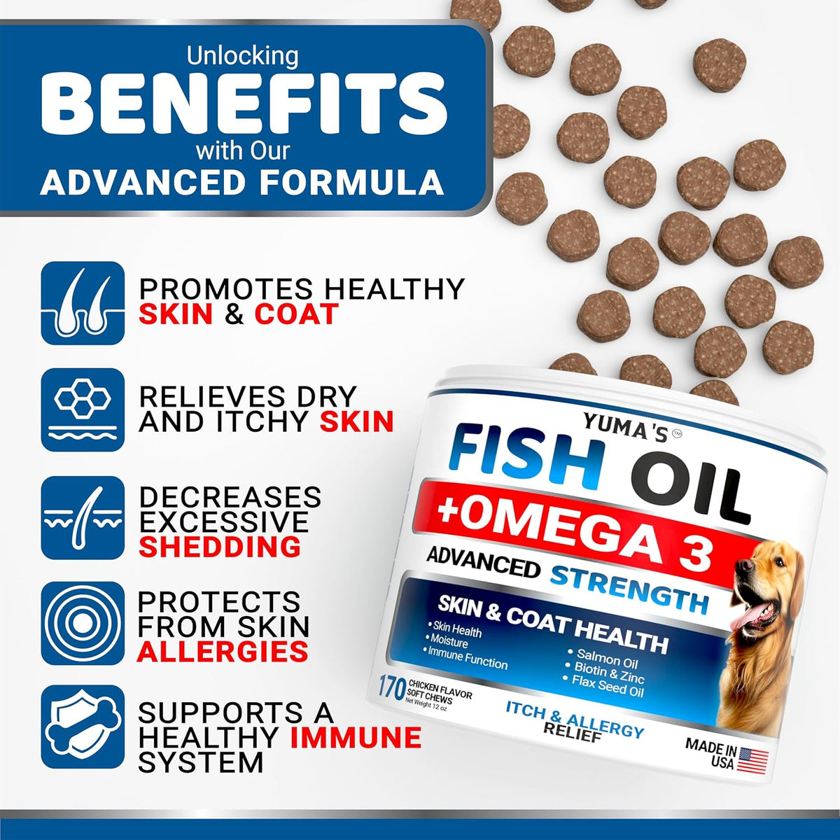 Omega 3 Fish Oil for Dogs - 170 Chews - Skin and Coat Supplement - Omega 3 for Dogs - Dry & Itchy Skin Relief Treatment - Allergy Support Dog Anti Shedding Treats - Salmon - EPA & DHA - Chicken Flavour - görsel 2