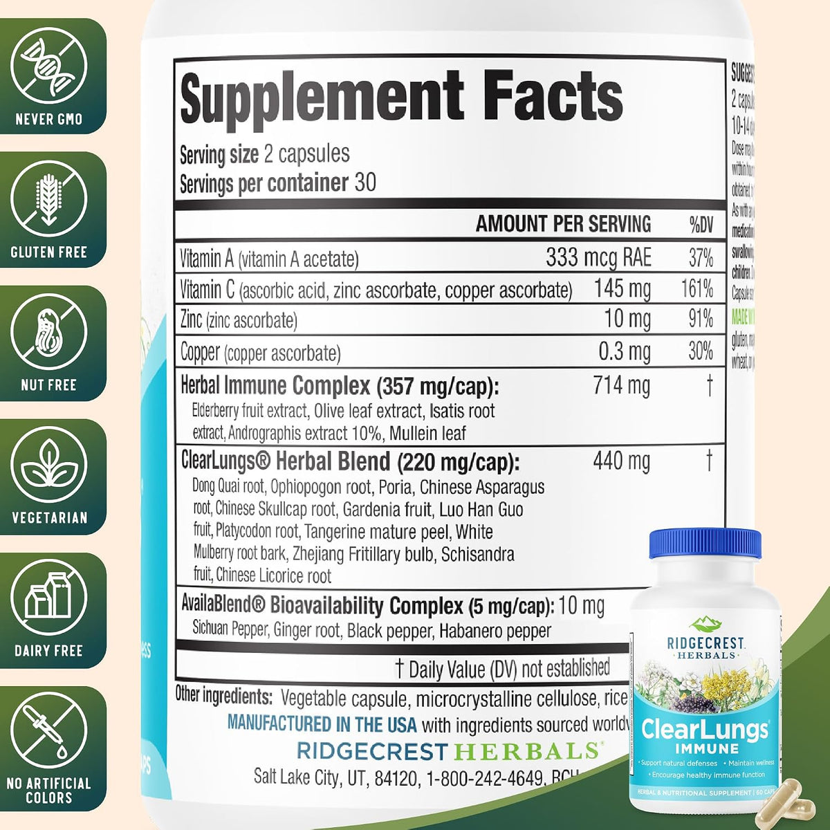 RidgeCrest Herbals ClearLungs Immune – Lung Support Supplement with Elderberry, Zinc, Vitamin C, and Herbal Immune Complex (60 Vegan Capsules) - görsel 3