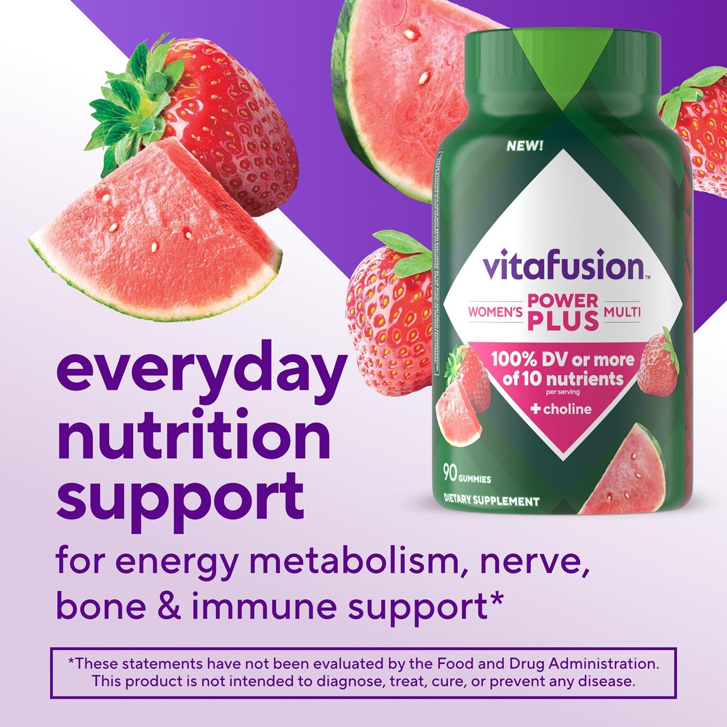 vitafusion Power Plus Women’s Multivitamin Gummies, 100% Nutrient Reference Value or More of 10 Nutrients, Helps Support Normal Energy Metabolism, Bone & Immune Health, Strawberry & Watermelon Flavour, 90 Gummies - görsel 2