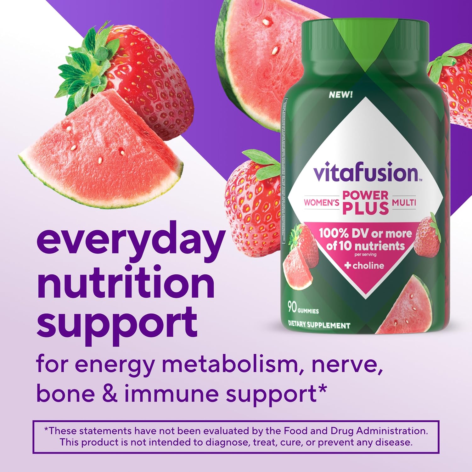vitafusion Power Plus Women’s Multivitamin Gummies, 100% Nutrient Reference Value or More of 10 Nutrients, Helps Support Normal Energy Metabolism, Bone & Immune Health, Strawberry & Watermelon Flavour, 90 Gummies - görsel 2