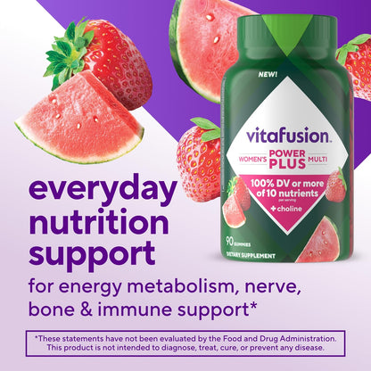 vitafusion Power Plus Women’s Multivitamin Gummies, 100% Nutrient Reference Value or More of 10 Nutrients, Helps Support Normal Energy Metabolism, Bone & Immune Health, Strawberry & Watermelon Flavour, 90 Gummies