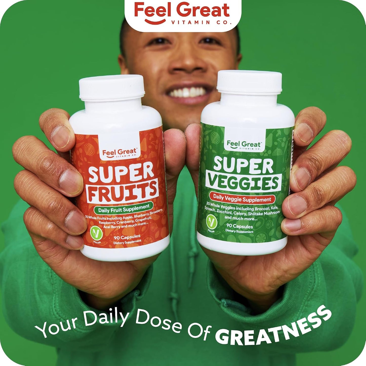 Feel Great Fruit and Vegetable Supplements | 20+ Super Reds & Greens for Natural Energy Support | Vegan Fruit and Veg Capsules | 2 Pack of 90 Capsules Each - görsel 2