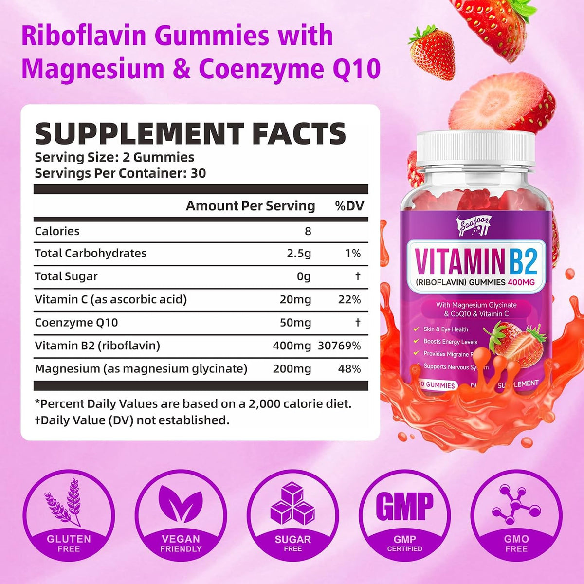 Vitamin B2 Gummies - Riboflavin 400mg with Magnesium & CoQ10 - Strawberry Flavour, 60 Gummies - görsel 2