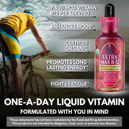 Ultra Max B12 - 5000mcg Sublingual Vitamin B12 Liquid Drops - Methylcobalamin - Vegan, Non-GMO, Strawberry Flavour - 118 ml
