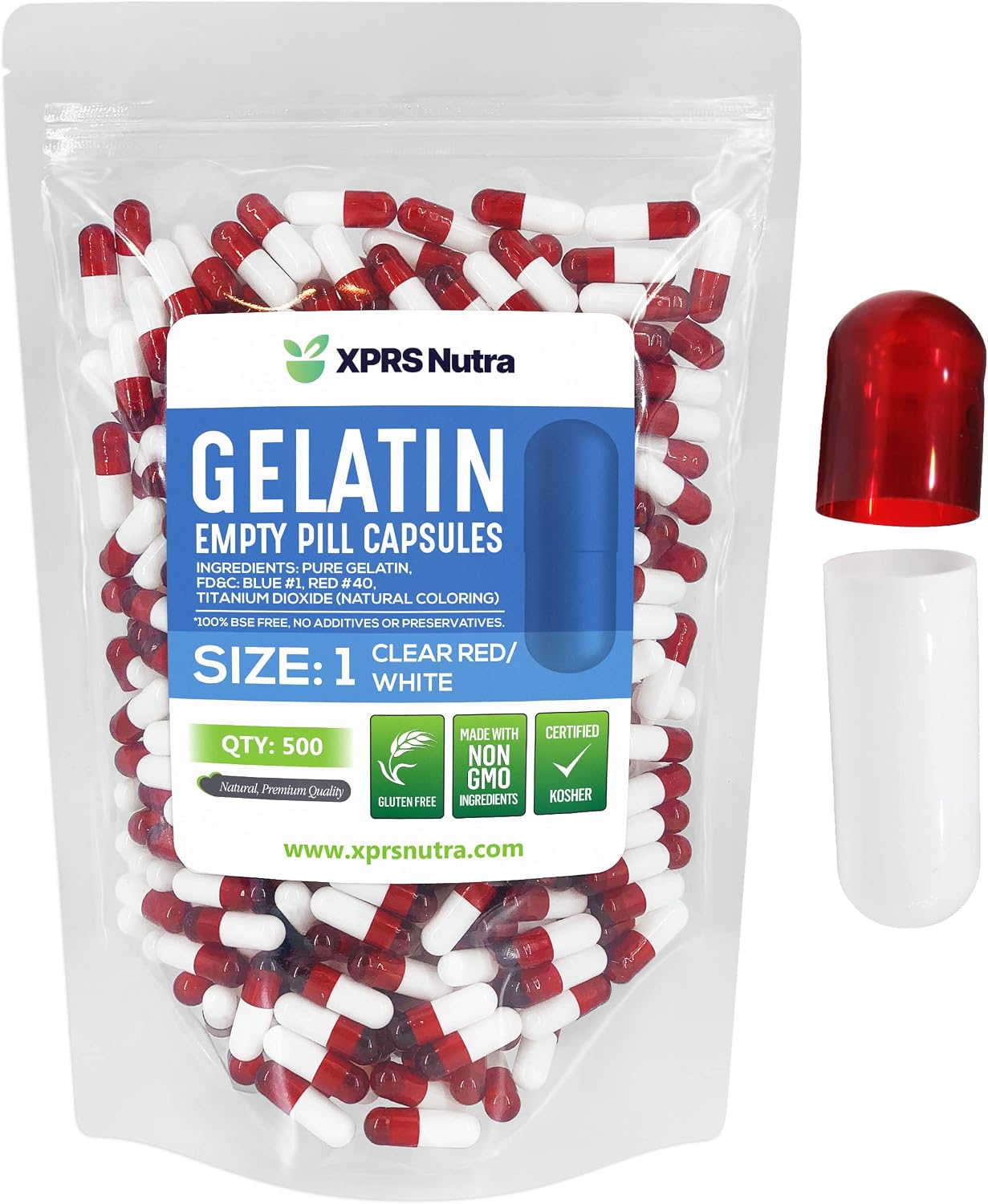 XPRS Nutra Size 1 Empty Capsules - 500 Count Empty Gelatine Capsules - Pill DIY Capsule Filling (Clear Red/White) - görsel 1