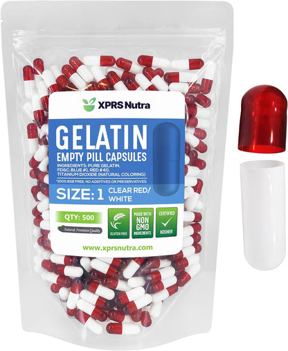 XPRS Nutra Size 1 Empty Capsules - 500 Count Empty Gelatine Capsules - Pill DIY Capsule Filling (Clear Red/White)