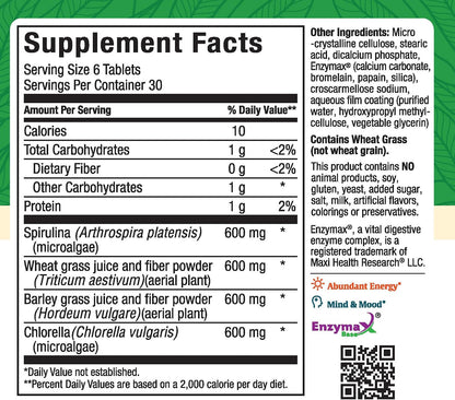 Super Greens Tablets – Green Vitality with Spirulina, Wheat Grass, Barley Grass & Chlorella – 180 Tablets