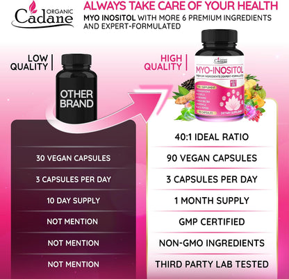 Organic Cadane Myo Inositol & Ashwagandha Capsules with Rhodiola, L-Theanine, Ginkgo Biloba, and More | Supports Body Balance & Digestive Health | Vegan, Non-GMO - 90 Capsules