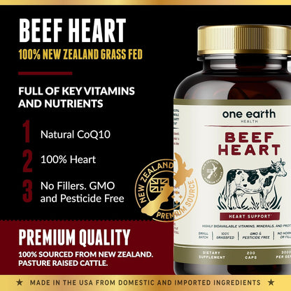 One Earth Health Grass-fed Beef Heart - New Zealand Sourced Heart. 3,000 mg per Serving, 200 Capsules