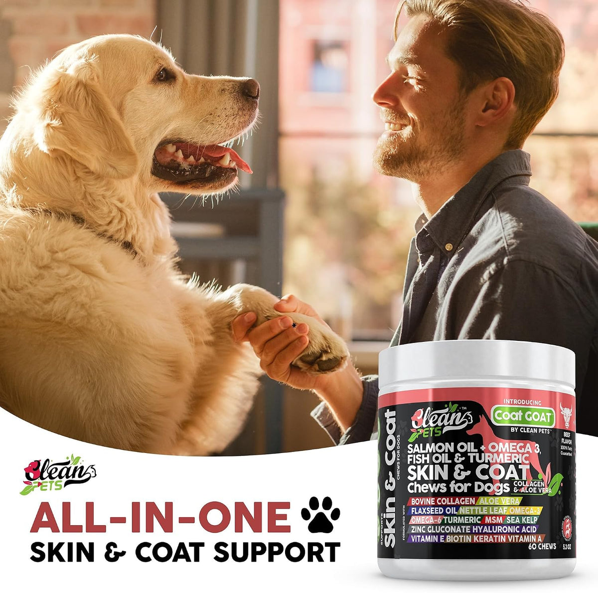 Clean Pets Salmon Oil Omega-3 Fish Oil for Dogs Skin and Coat Supplement | Dog Collagen Aloe Vera Biotin Keratin Flaxseed Nettle Leaf Sea Kelp Hyaluronic Acid Brewer's Yeast Vitamin A - Coat Goat - görsel 7