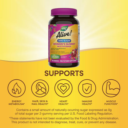 Nature's Way Alive! Zero Sugar Women's Gummy Multivitamins, Strawberry, 80 Gummies